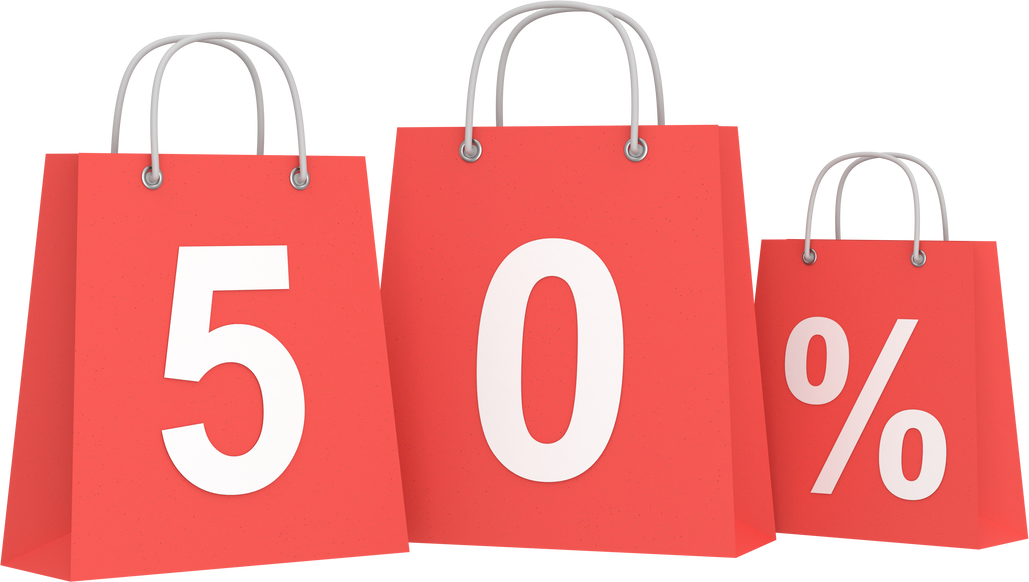 3D fifty percent off. 50% off. Sale banner decoration.